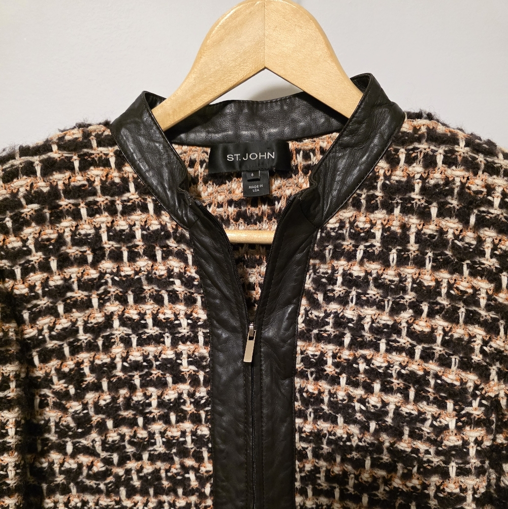 Vintage St.John Tweed Knit Brown Cardigan Jacket Leather Trim Size Women US 6 - Picture 2 of 6